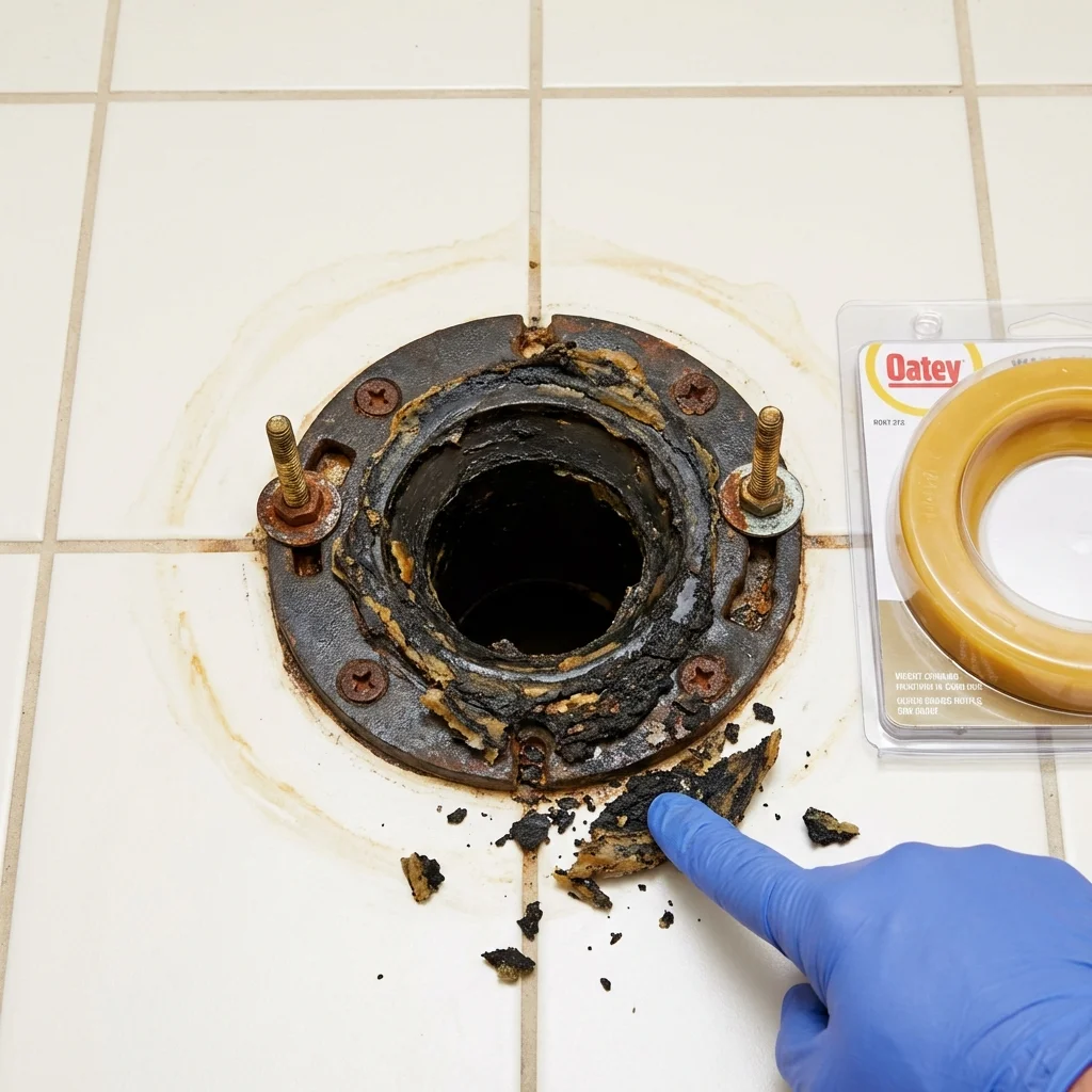 Failed wax ring showing water seepage at the base of a toilet in a Center, ND home