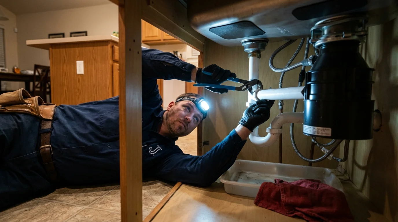 P-trap and supply line connections under a kitchen sink showing a common leak point in Center, ND